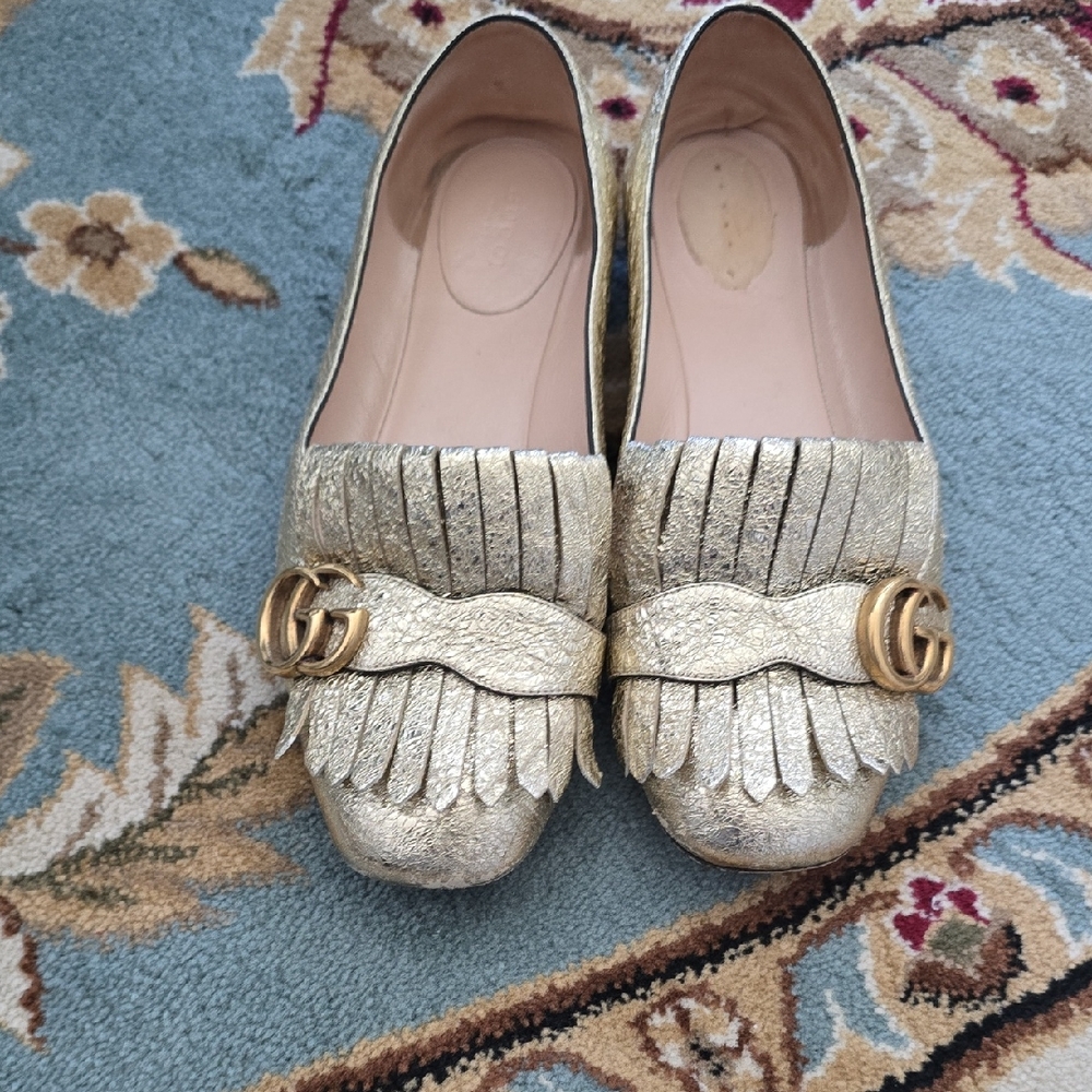 Gucci Metallic Gold Kiltie Loafers with Double G
